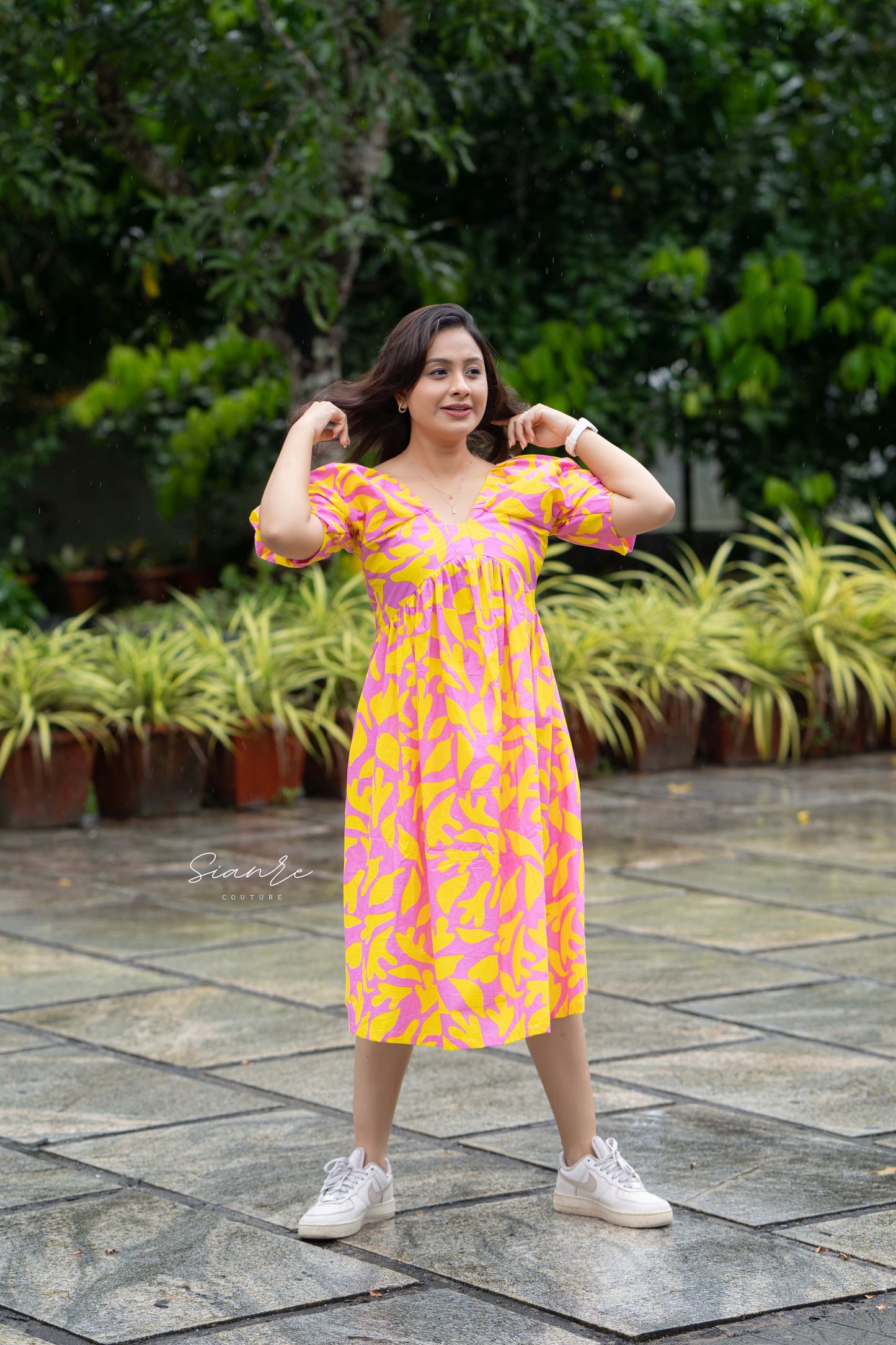 Pink & Yellow Printed Poplin Dress
