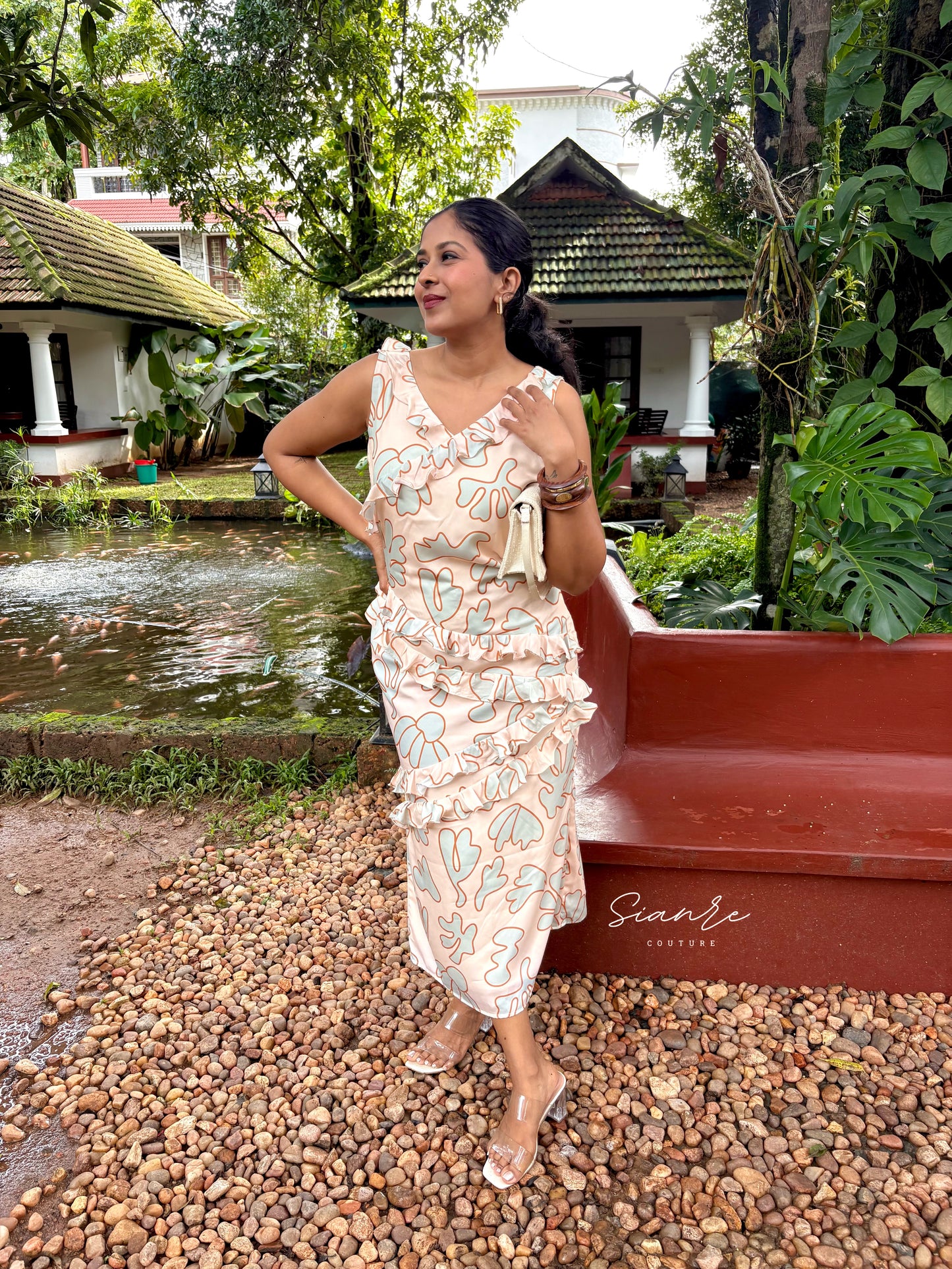 Peach Algae Print Ruffle Dress