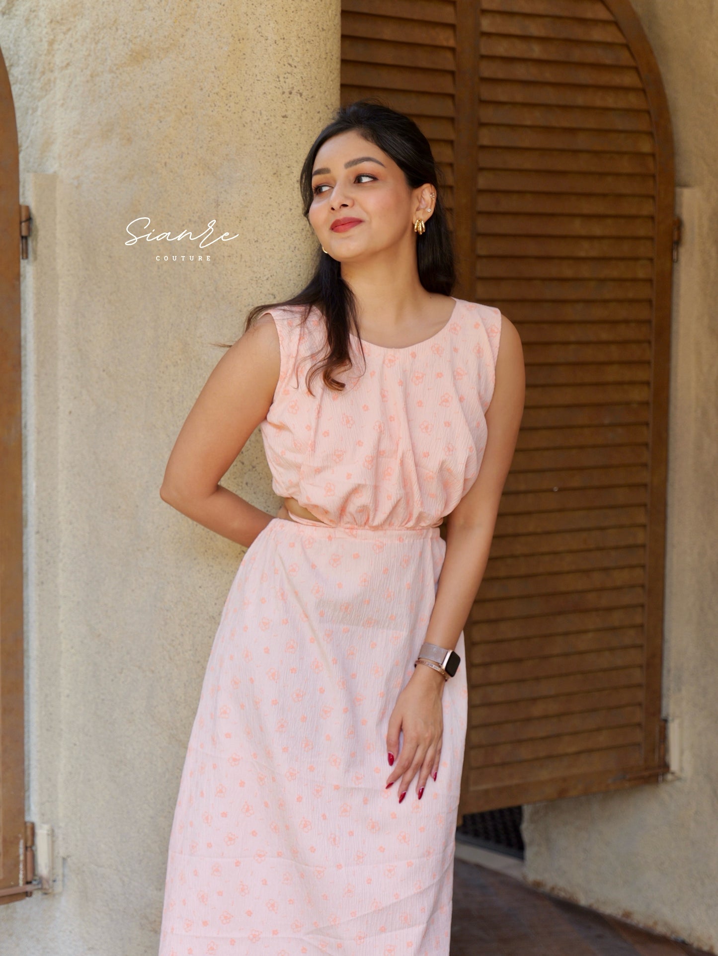 Peach Floral Crinkled Cotton Dress