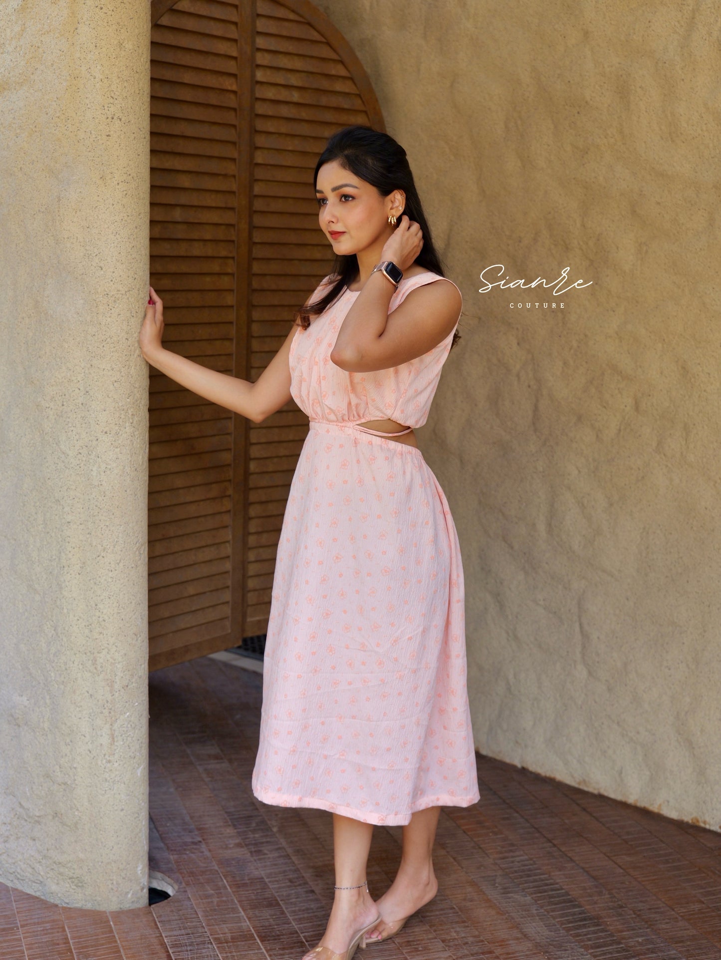Peach Floral Crinkled Cotton Dress