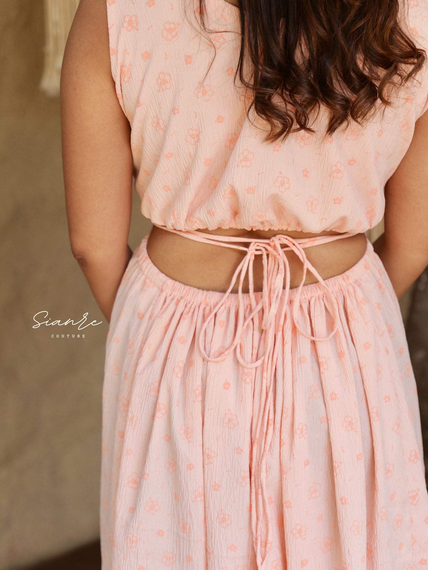 Peach Floral Crinkled Cotton Dress