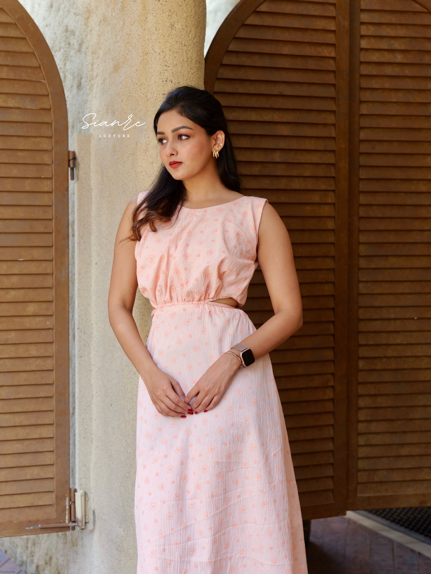 Peach Floral Cut out Midi Dress