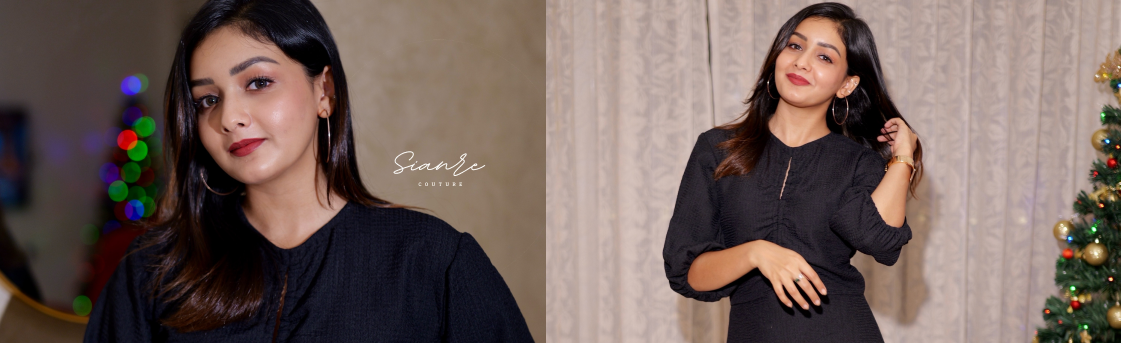 Woman in a black outfit with a blurred background and 'Sianza' branding.
