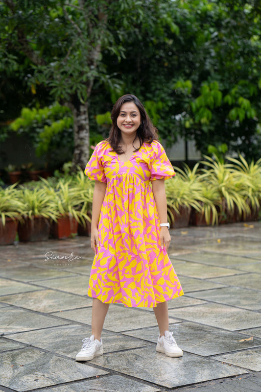 Pink & Yellow Printed Poplin Dress
