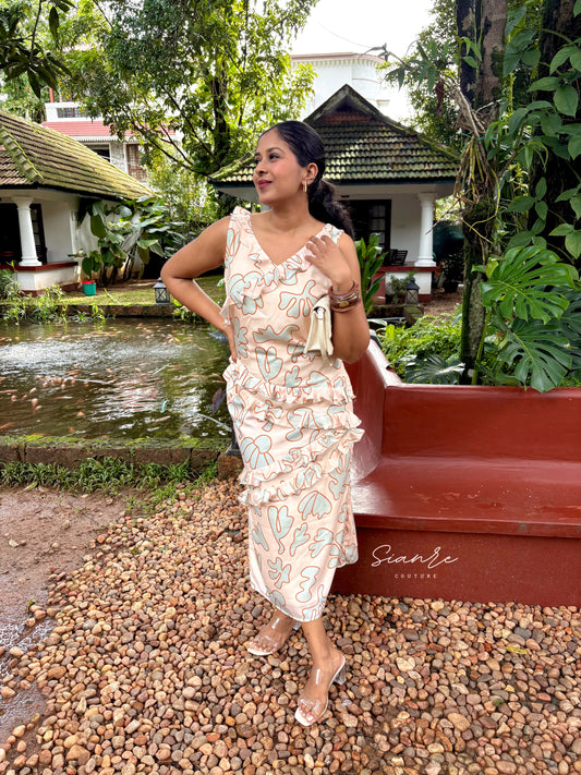 Peach Algae Print Ruffle Dress