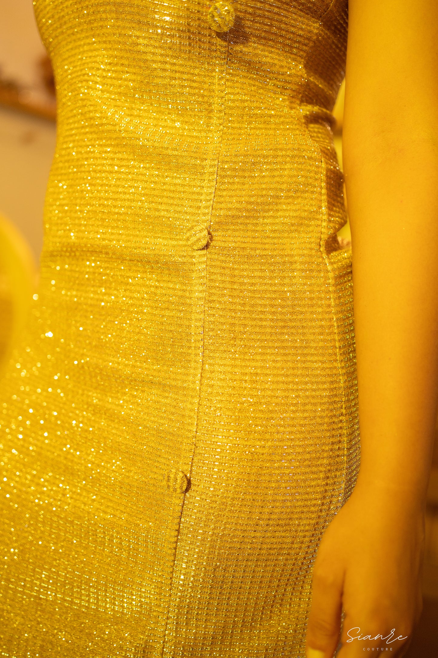 Golden Aura Shimmer Midi Dress