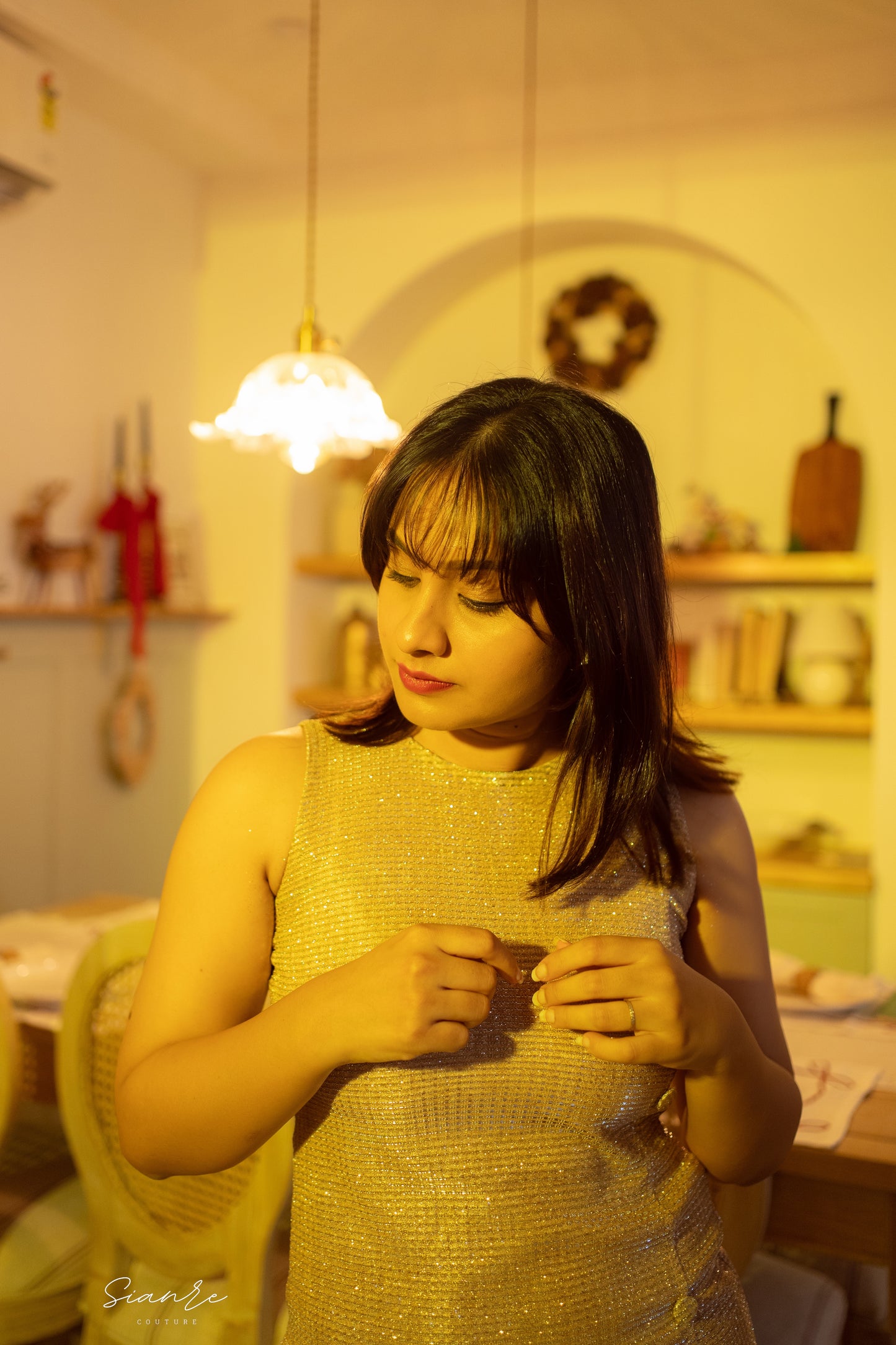 Golden Aura Shimmer Midi Dress