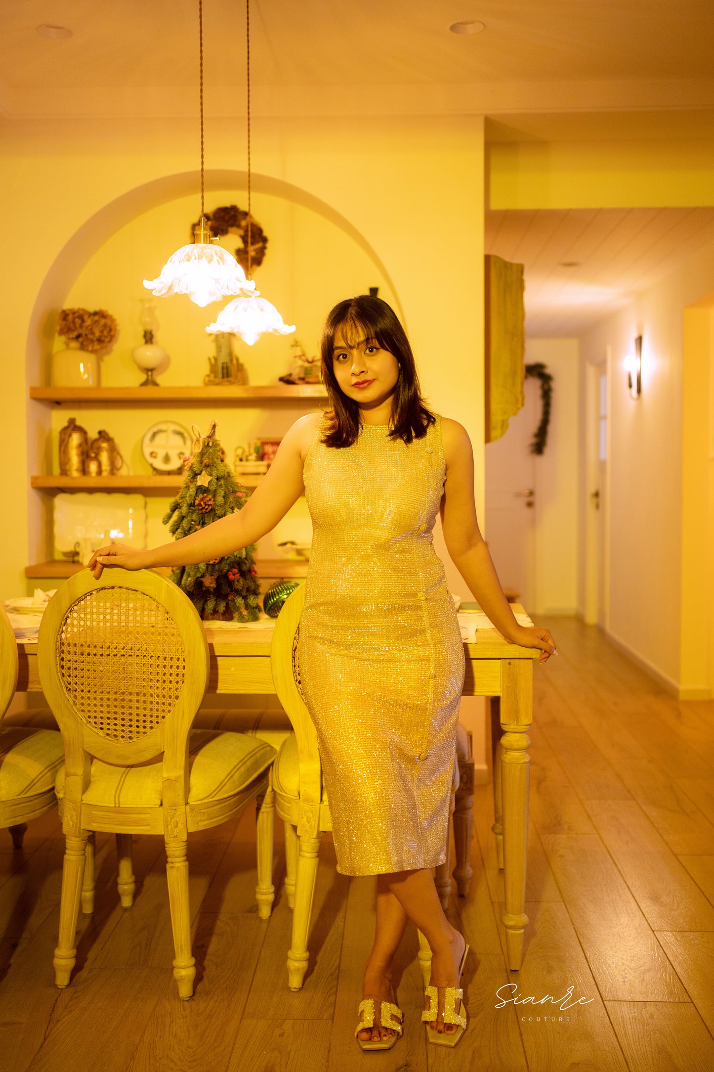 Golden Aura Shimmer Midi Dress