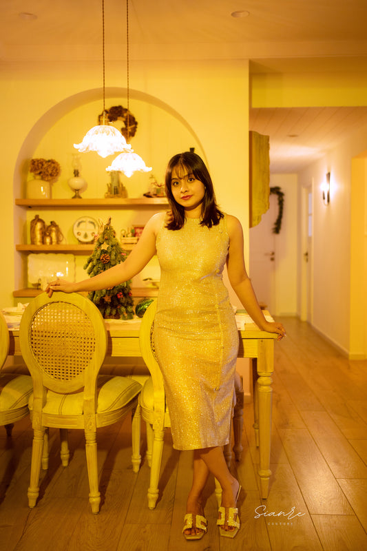 Golden Aura Shimmer Midi Dress