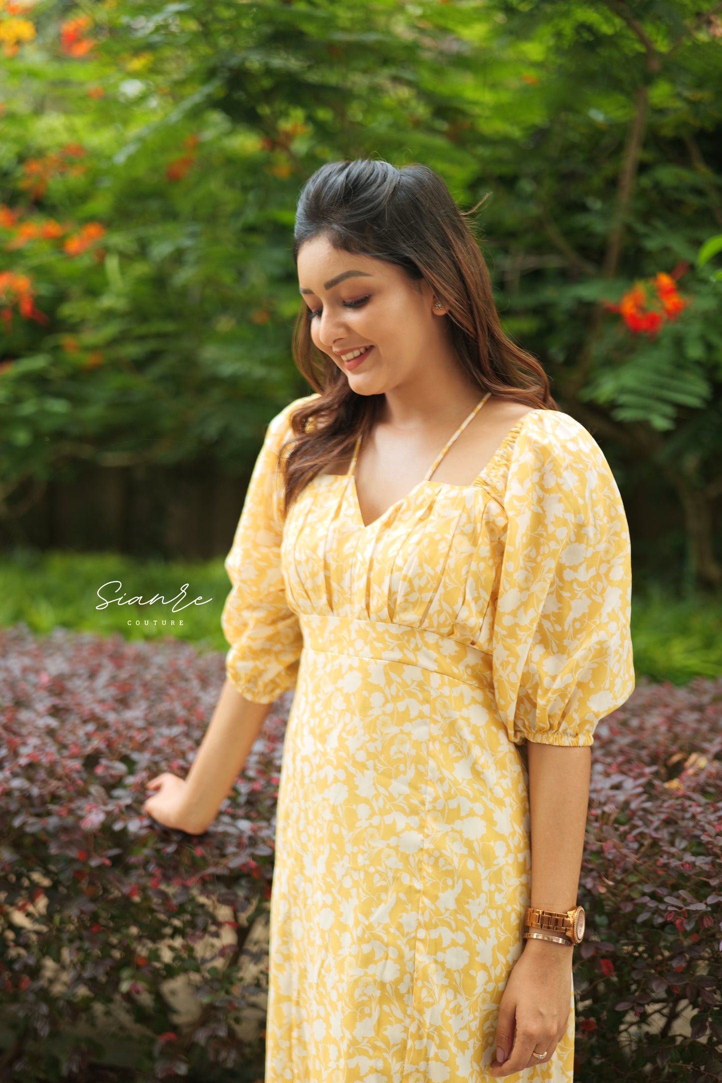 Yellow Floral Cotton Midi Dress