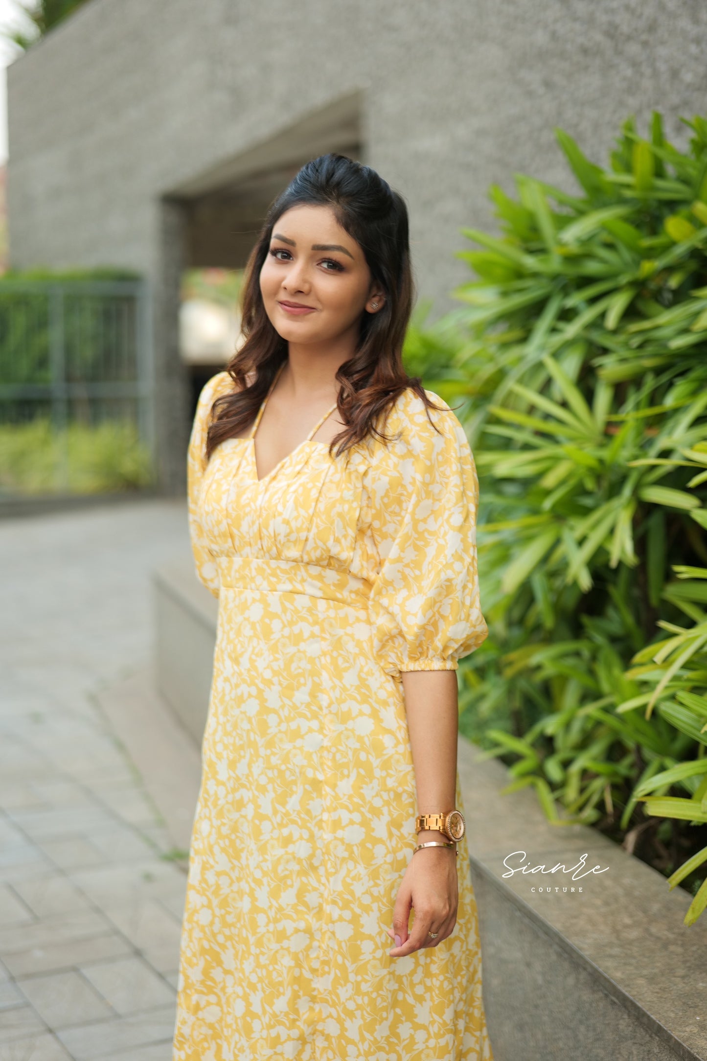 Yellow Floral Cotton Midi Dress