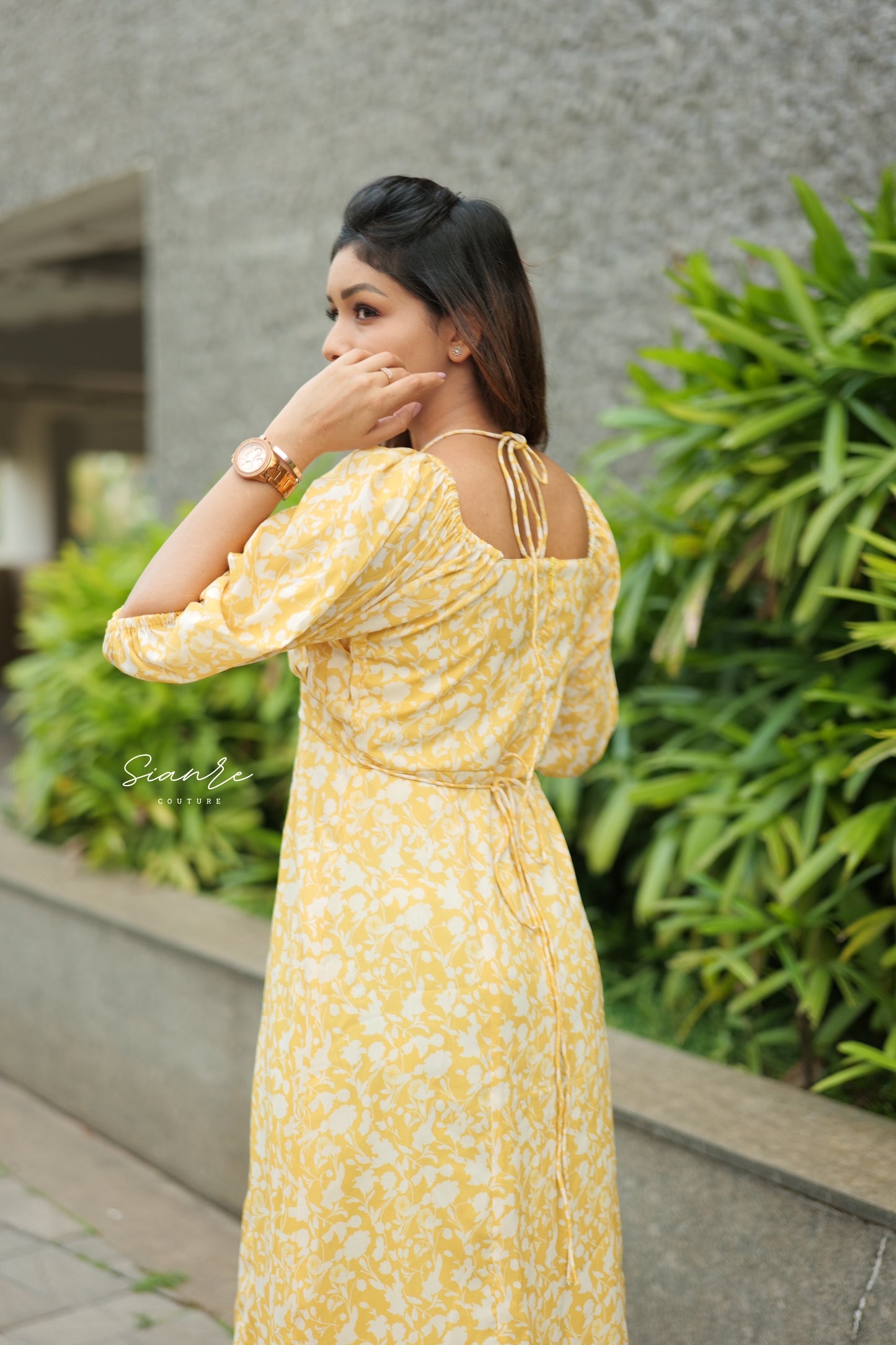 Yellow Floral Cotton Midi Dress