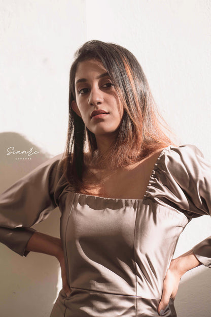 Taupe Satin Midi Dress
