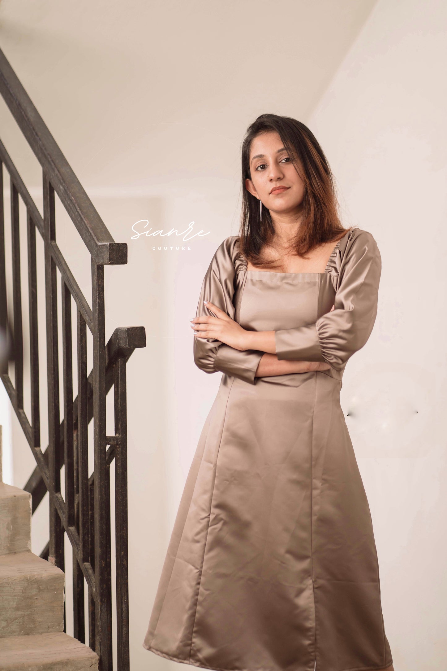 Taupe Satin Midi Dress