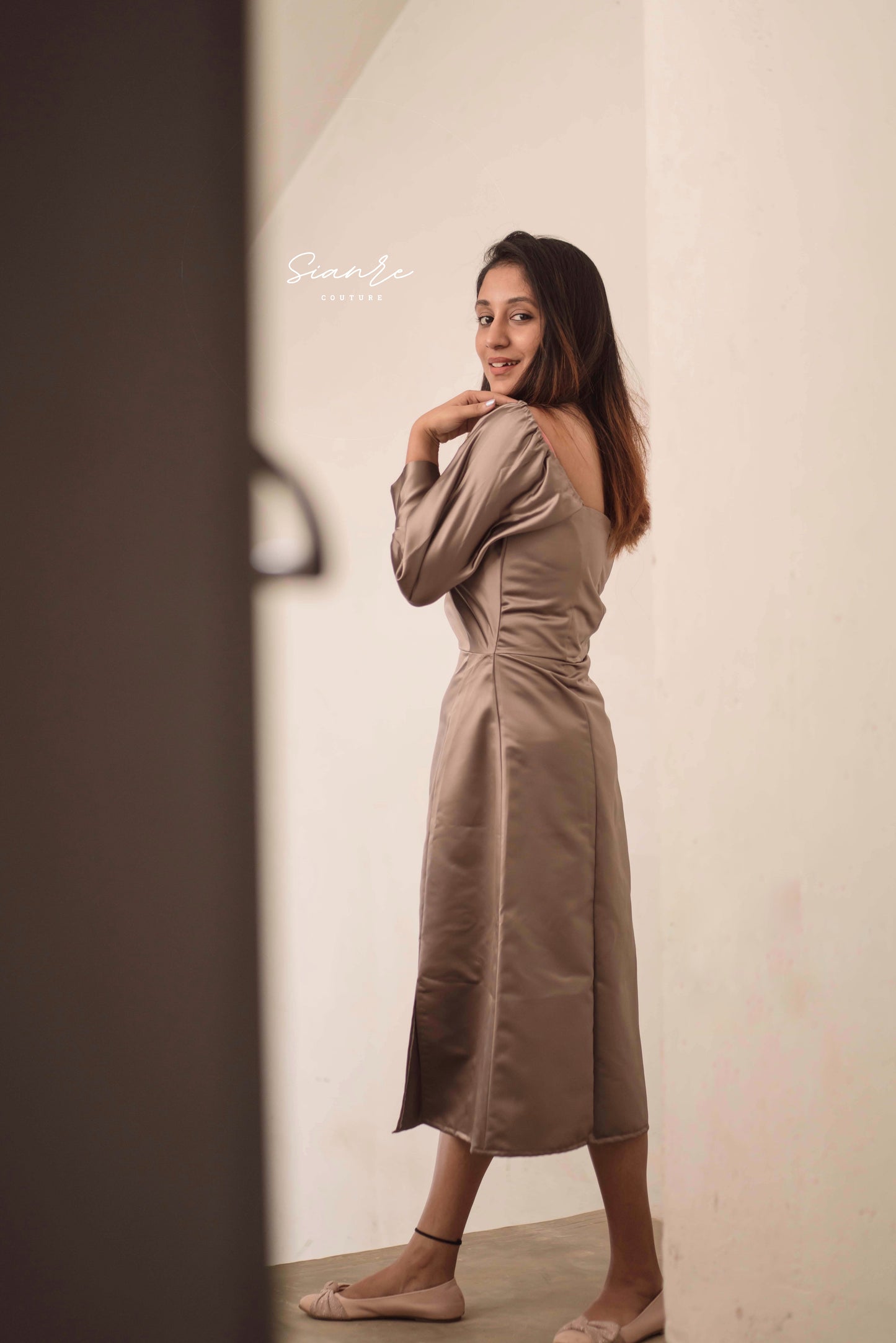 Taupe Satin Midi Dress
